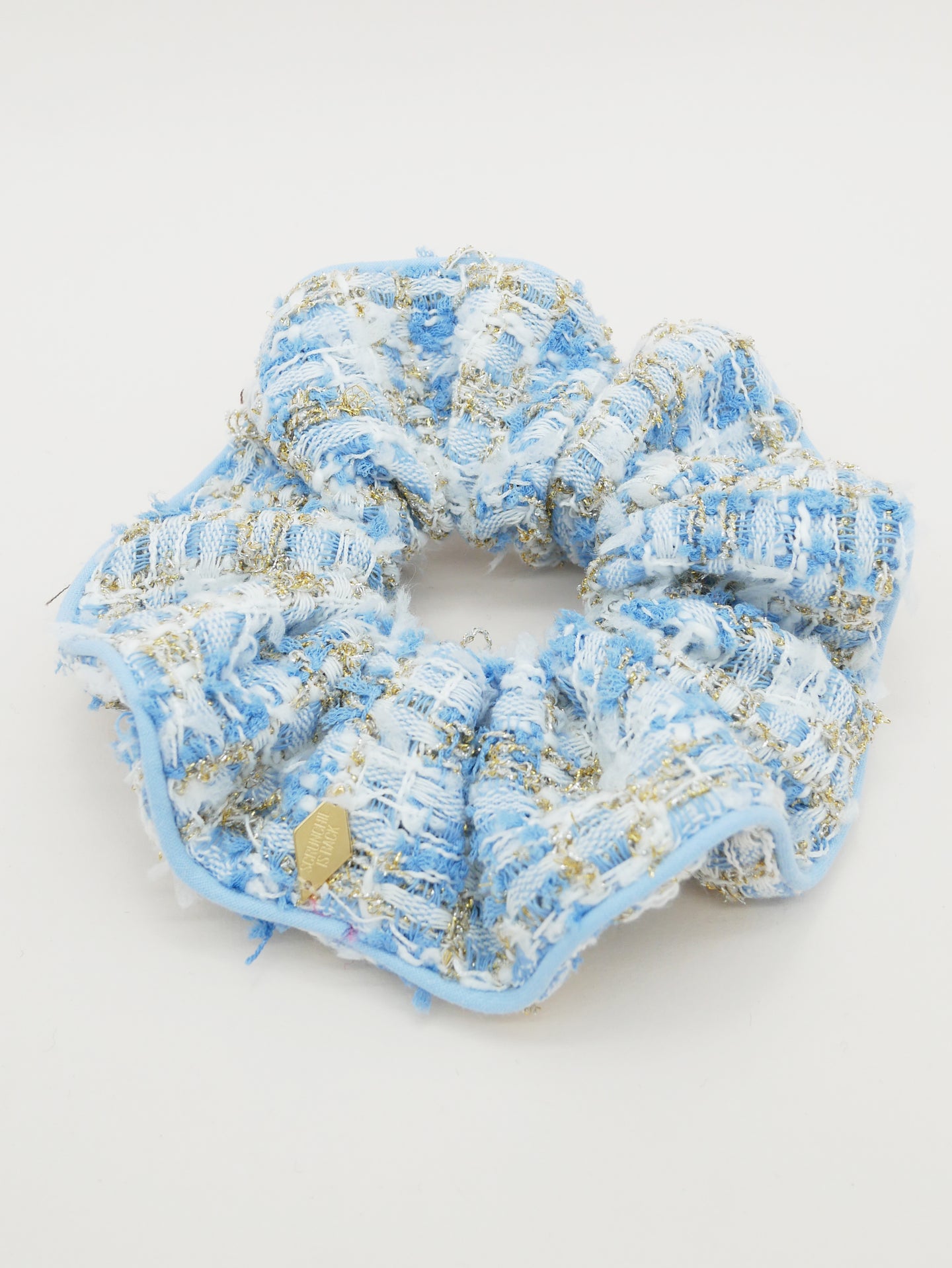 Blue and white tweed denim scrunchie